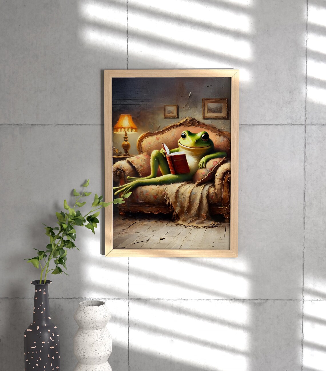Cozy Frog Reading a Book on a Vintage Sofa at Home Humor Poster - Image 3