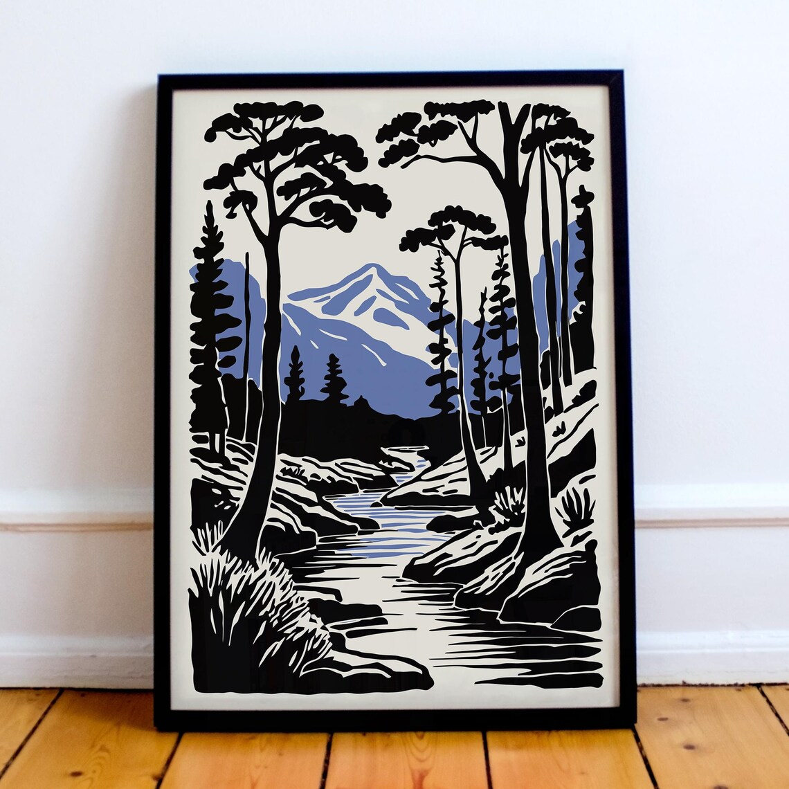Mountain Forest Stream Woodcut Style Poster in Black Blue and Cream