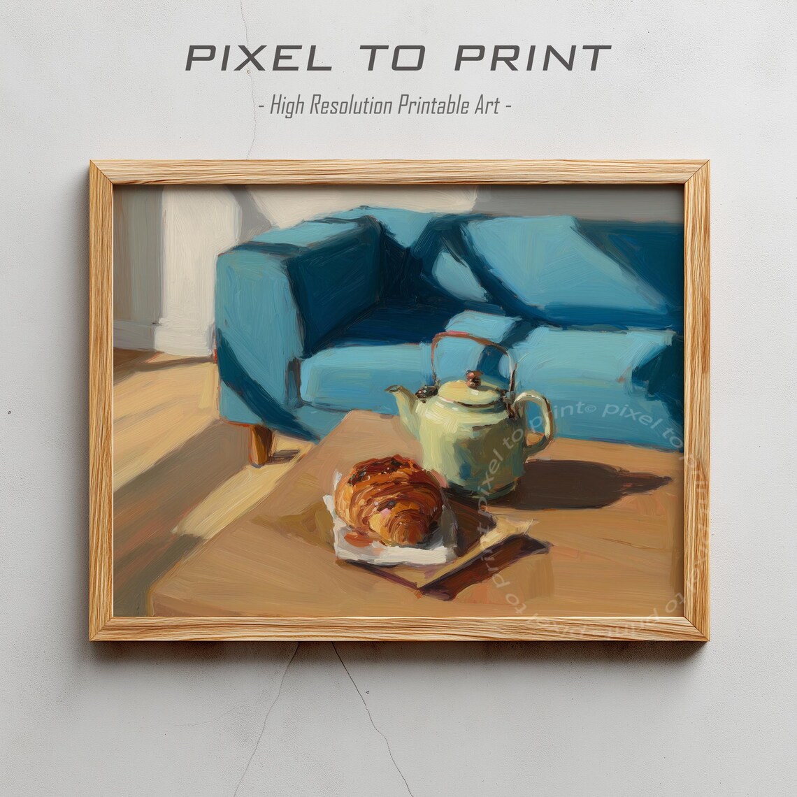 Teapot Croissant Still Life Painting Cozy Blue Sofa Kitchen Art Poster