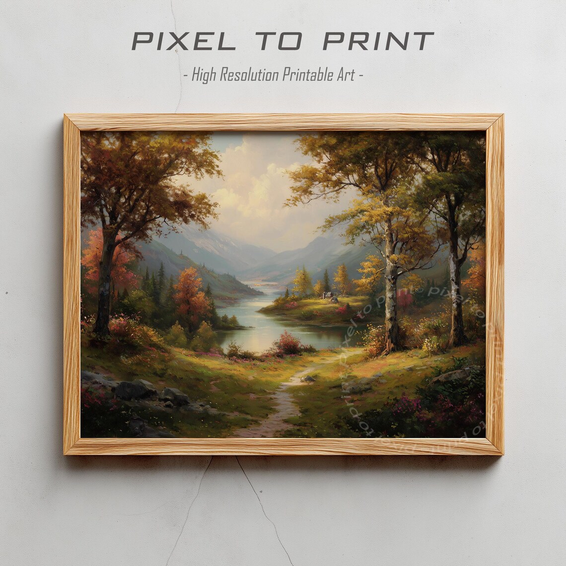 Golden Vintage Autumn River Valley Landscape Painting Fall Poster