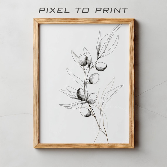 Minimalist Olive Branch Black Ink Line Drawing Botanical Poster
