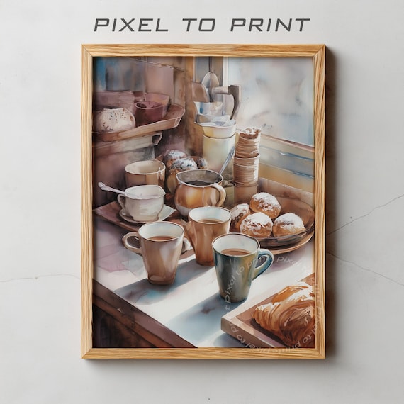 Watercolor Cafe Coffee Cups And Croissant Breakfast Still Life Poster