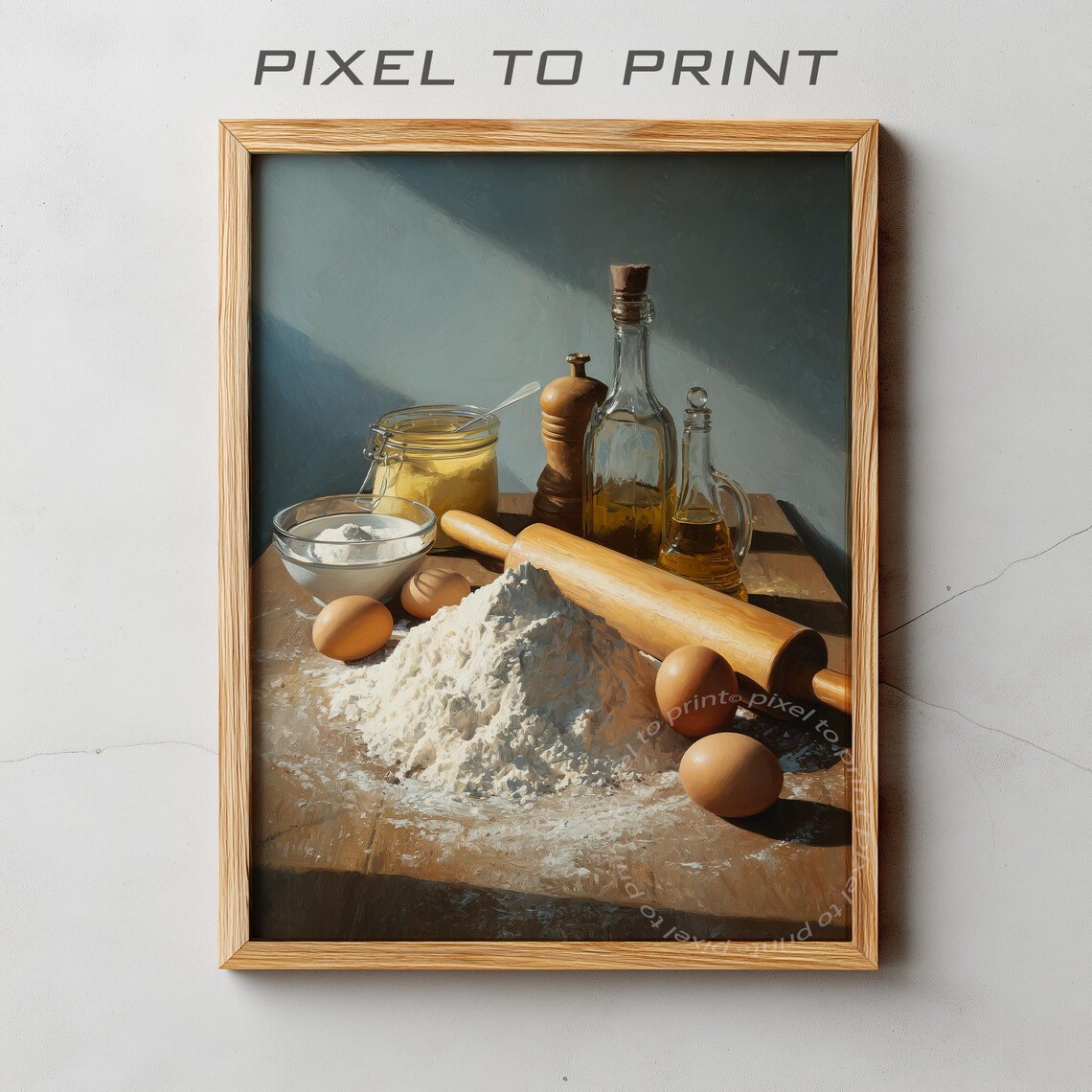 Rustic Baking Still Life Flour Eggs Rolling Pin Olive Oil Kitchen Print