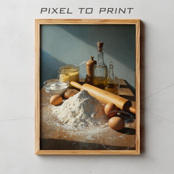 Rustic Baking Still Life Flour Eggs Rolling Pin Olive Oil Kitchen Print