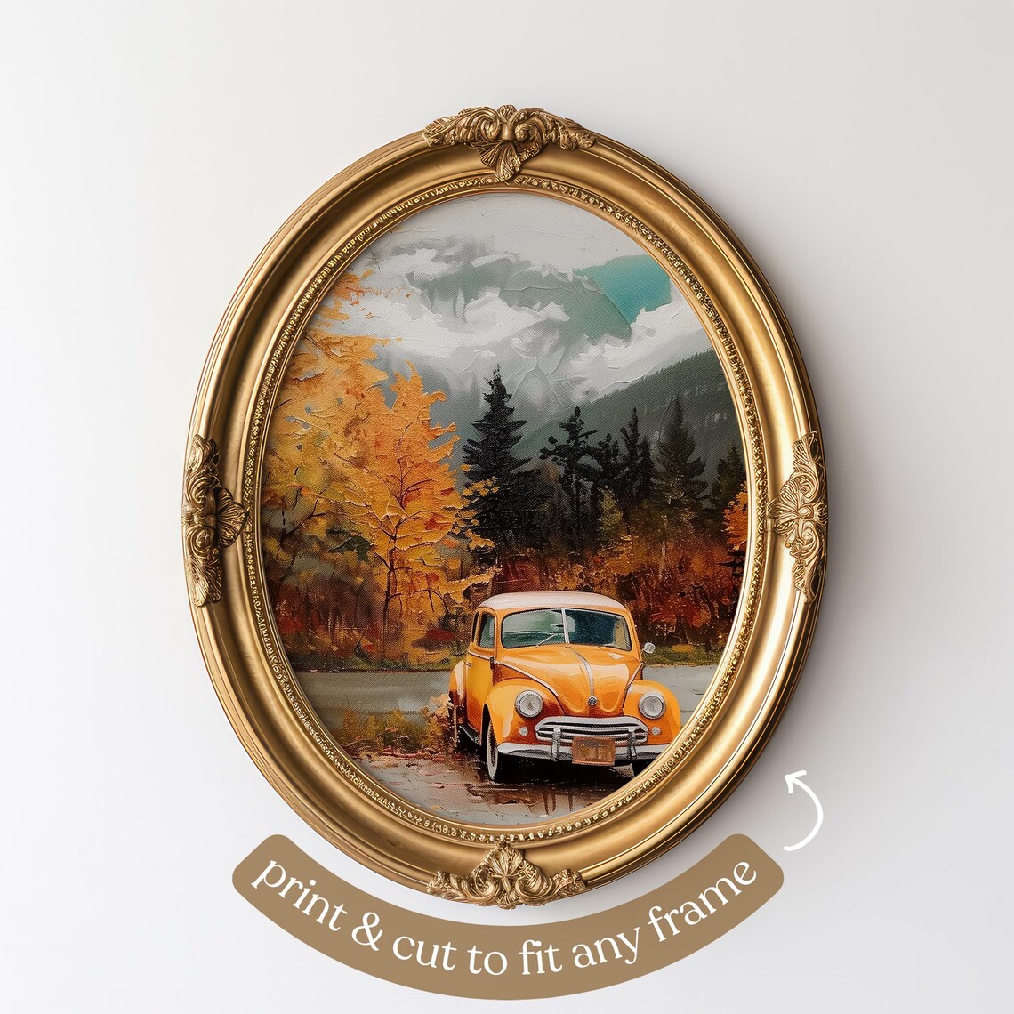Orange Vintage Car in Autumn Forest Landscape Oil Painting Poster - Image 4