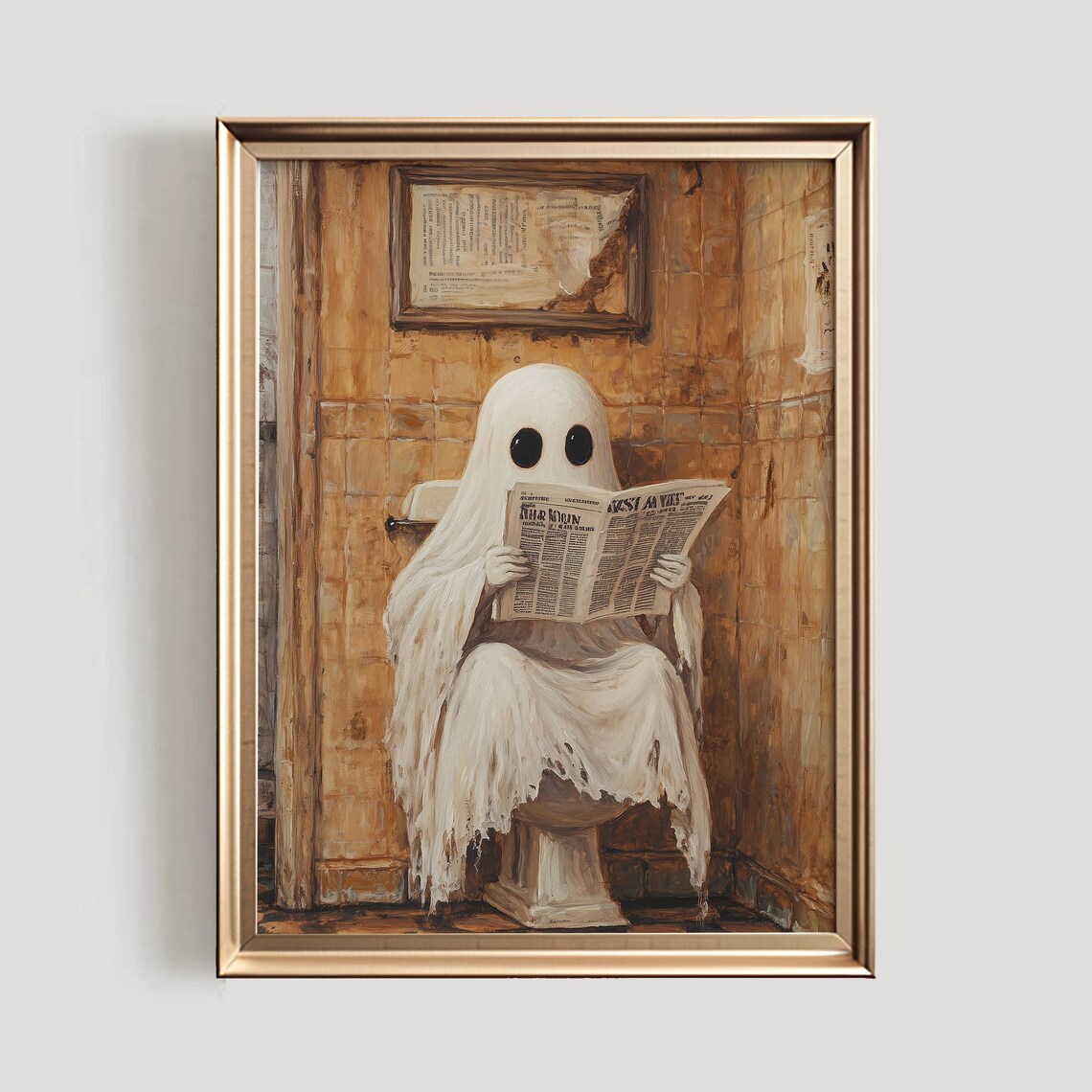 Ghost On Toilet Poster, Funny Halloween Bathroom Decor