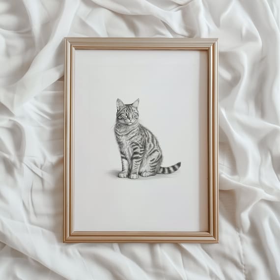 Tabby Cat Sketch, Black And White Art Print
