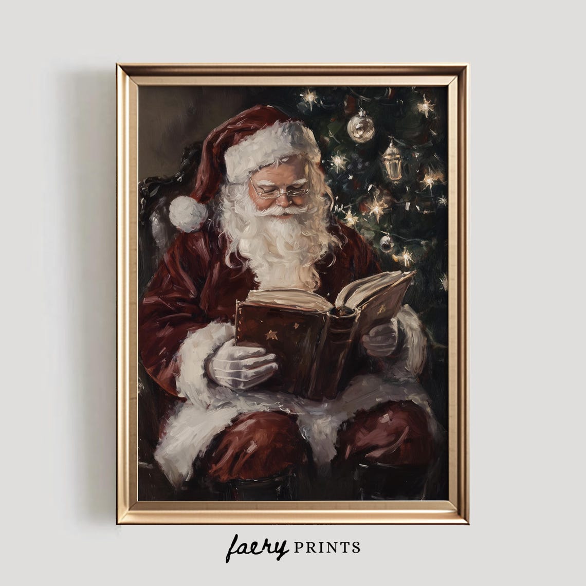 Vintage Santa Claus Reading by Christmas Tree Holiday Scene Poster - Image 5
