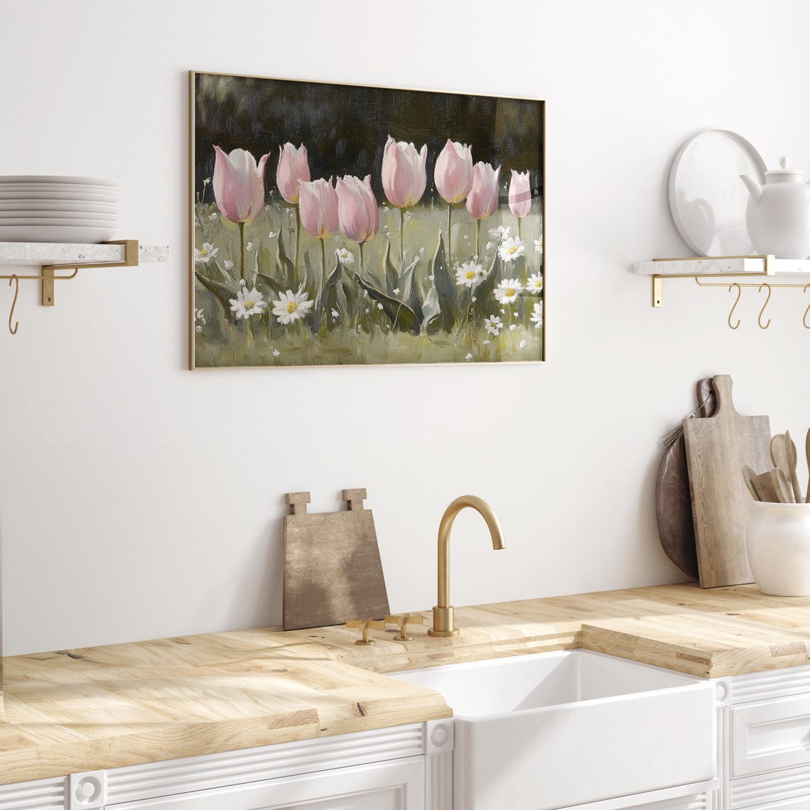 Row of Pink Tulips With White Daisies in Sunny Meadow Art Poster - Image 3