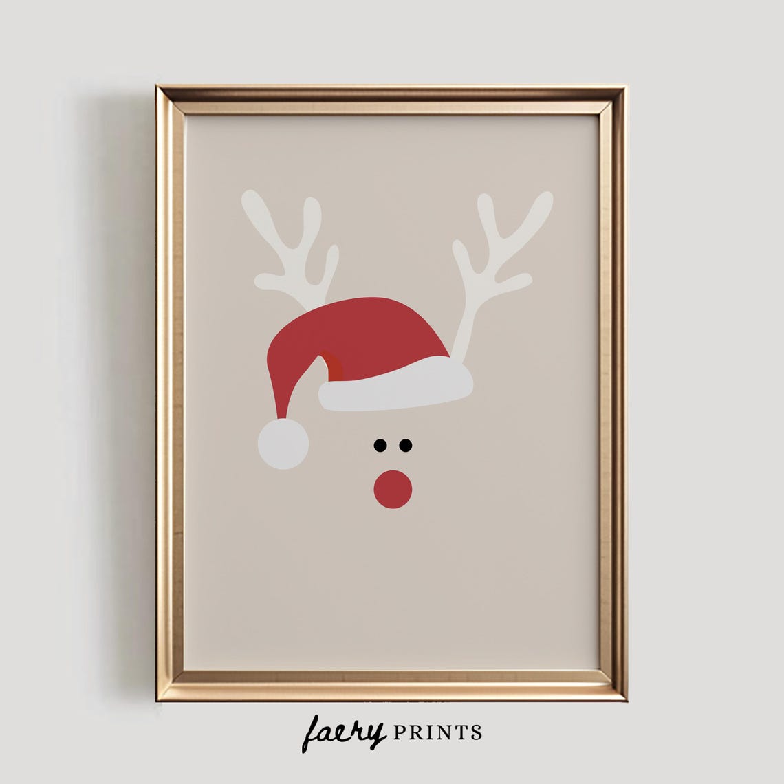 Cute Reindeer Face Santa Hat Minimalist Christmas Kids Room Poster