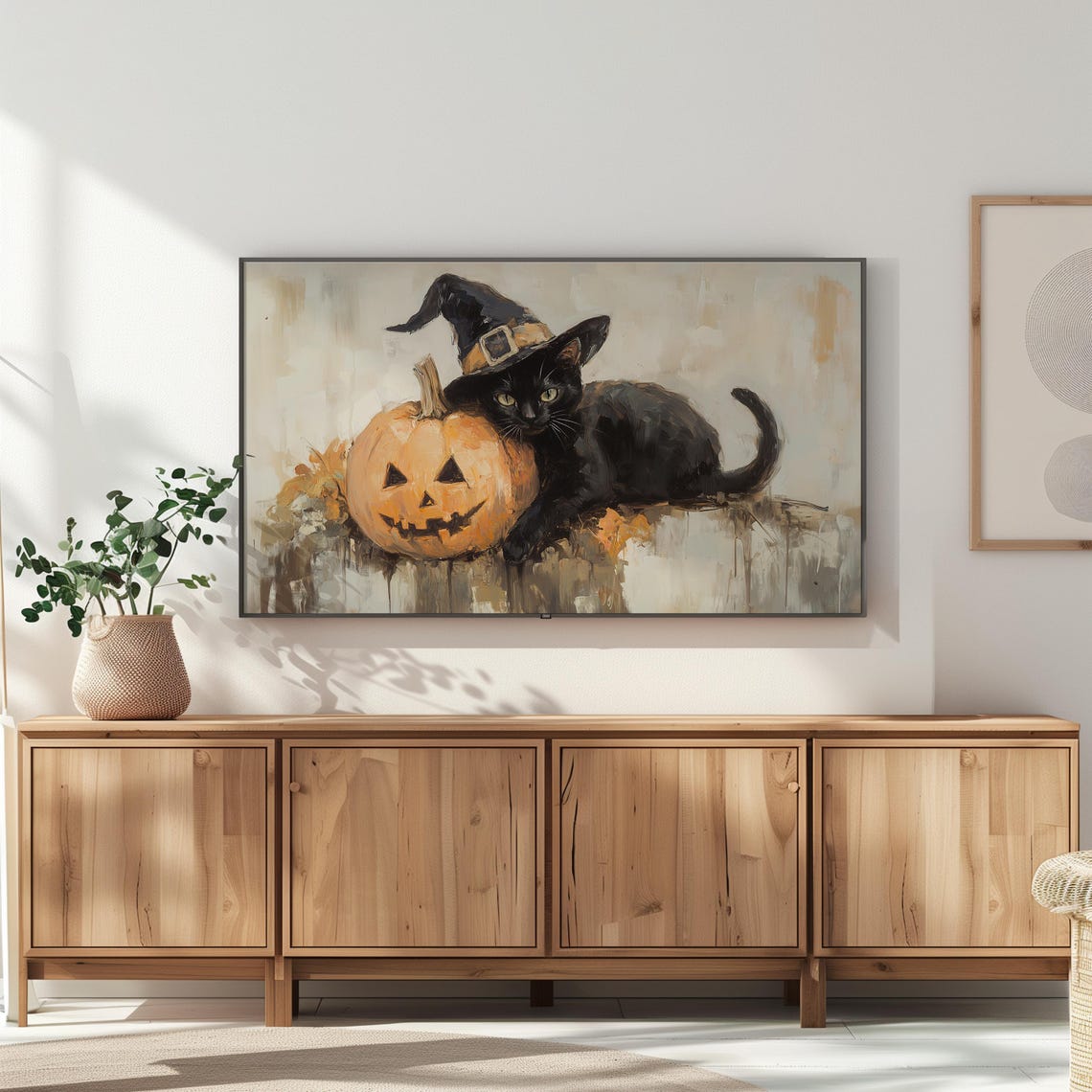 Black Cat Wearing Witch Hat Beside Jack O Lantern Halloween Poster - Image 2