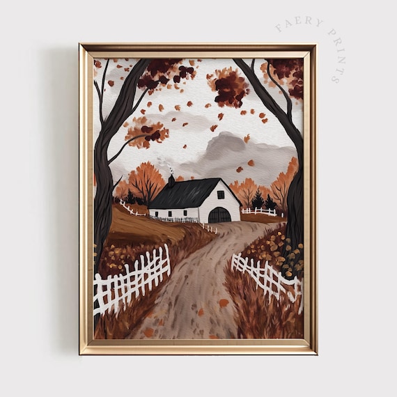 Autumn White Barn Farmhouse Dirt Road Falling Leaves Art Print