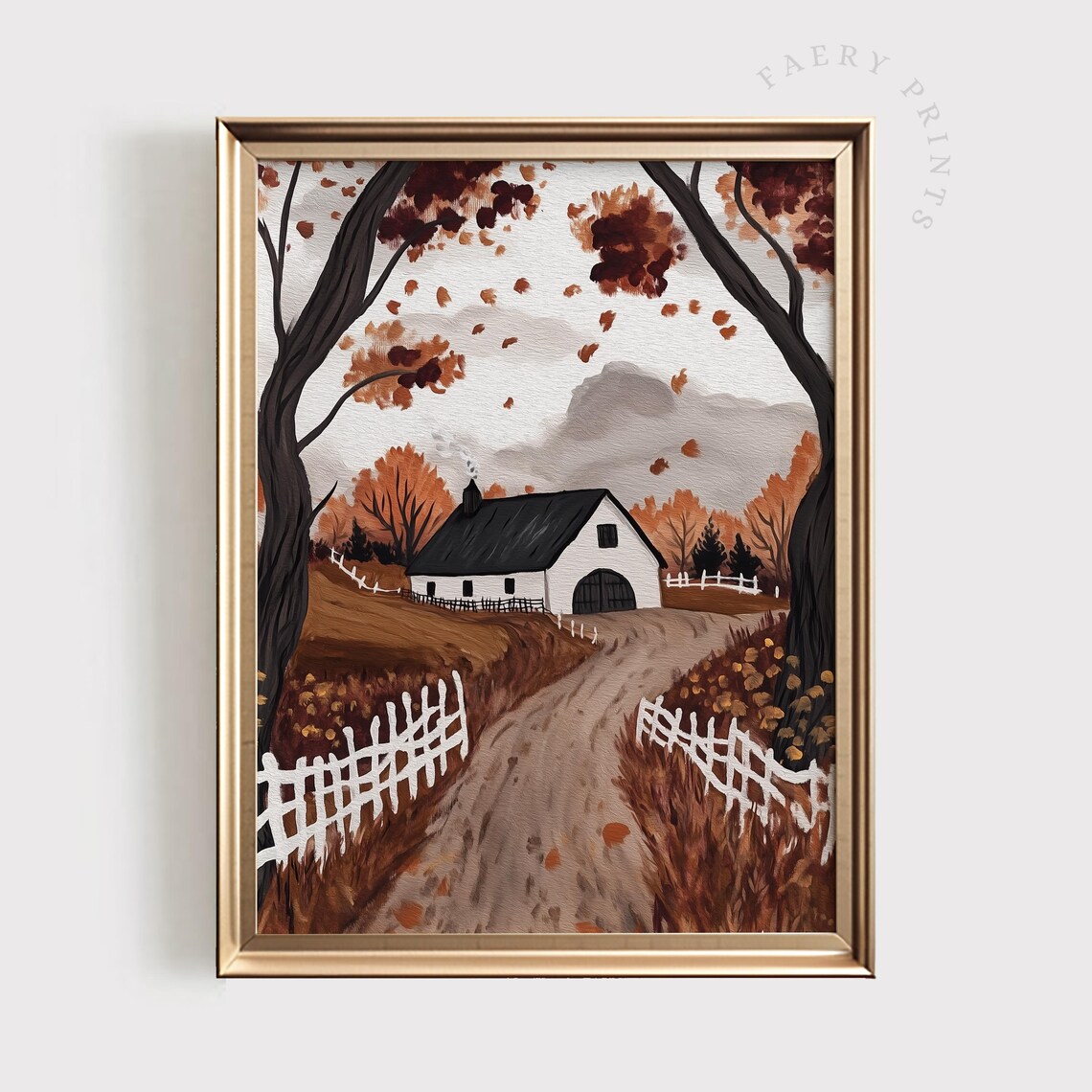 Autumn White Barn Farmhouse Dirt Road Falling Leaves Art Print