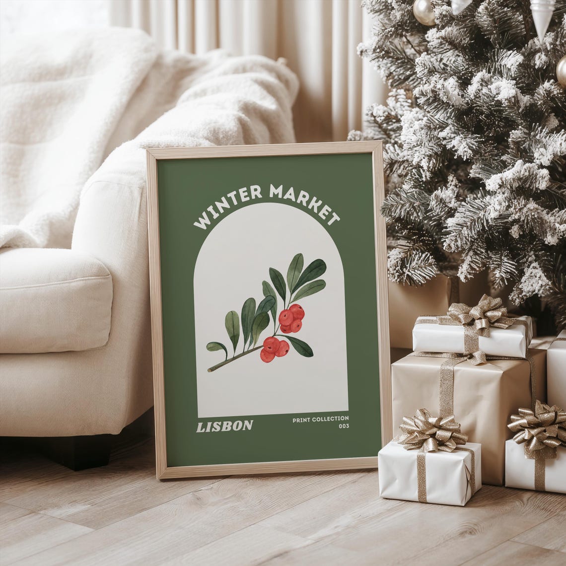 Winter Market Lisbon Mistletoe Watercolor Travel Style Poster - Image 3