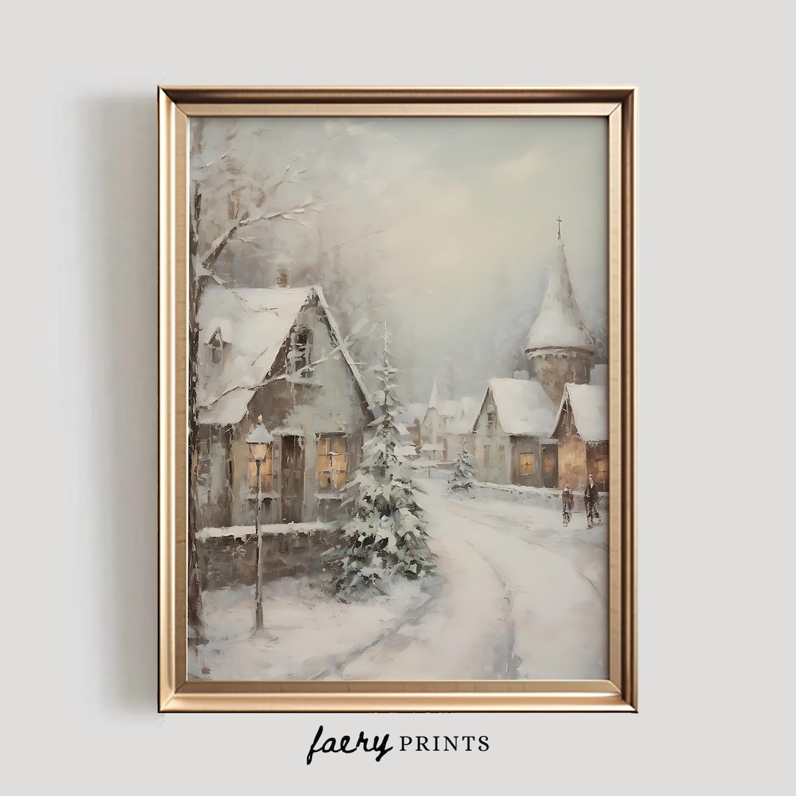 Winter Village Art Print, Snowy Christmas Scene