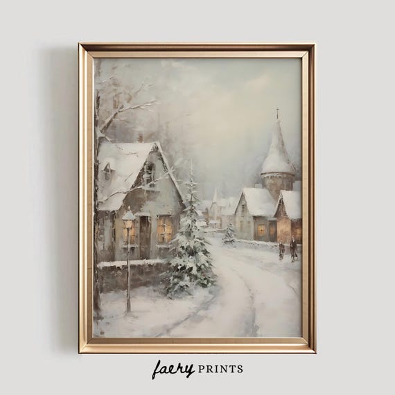 Winter Village Art Print, Snowy Christmas Scene