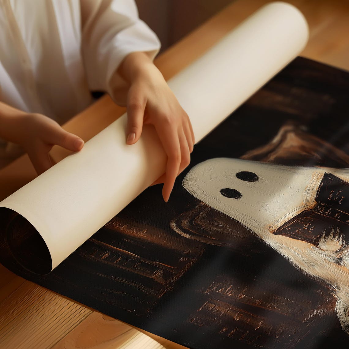 Ghost Reading in Dark Library Vintage Halloween Book Lover Poster - Image 3