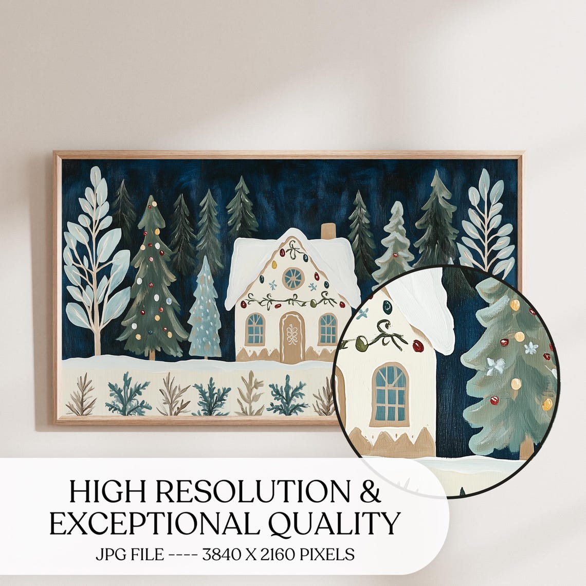 Whimsical Snowy Christmas Cottage Among Pines Frame TV Art Poster - Image 3