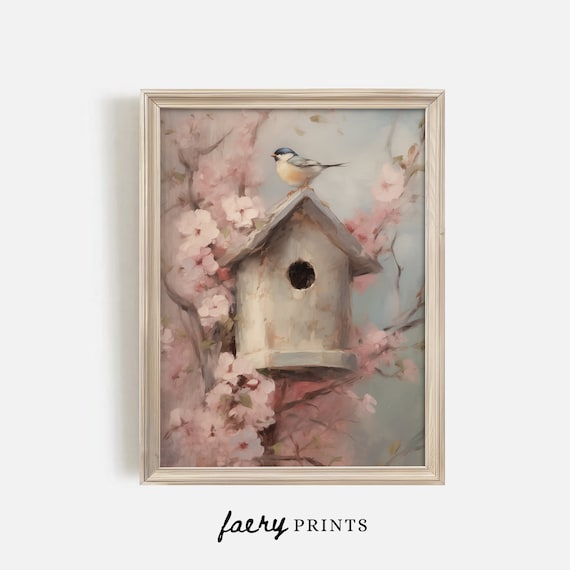 Spring Birdhouse Vintage Cherry Blossom Art Print
