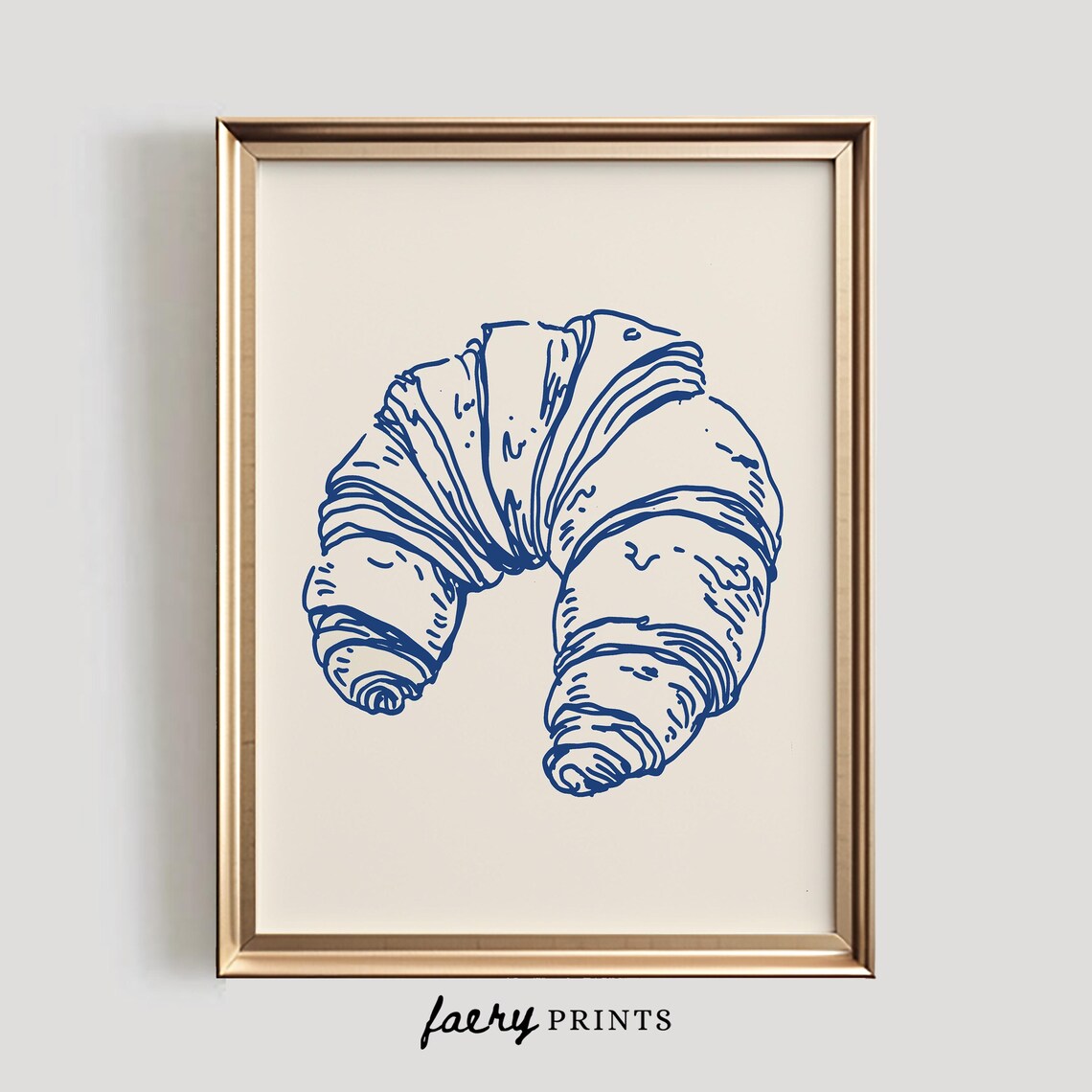 French Croissant Line Art Kitchen Poster in Navy Blue on Cream Background