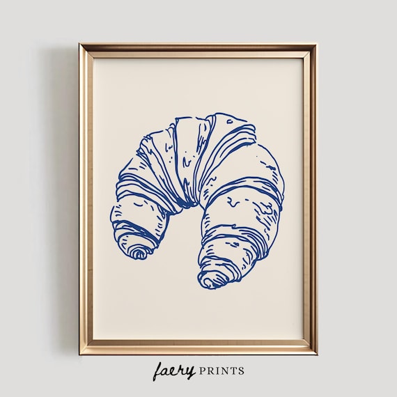 French Croissant Line Art Kitchen Poster in Navy Blue on Cream Background