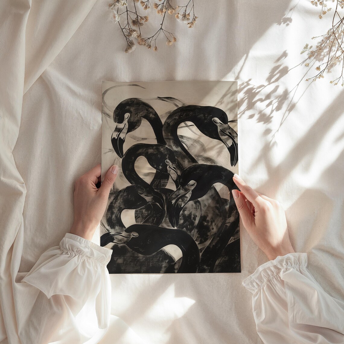 Abstract Flamingo Art Print, Vintage Black Monochrome - Image 2