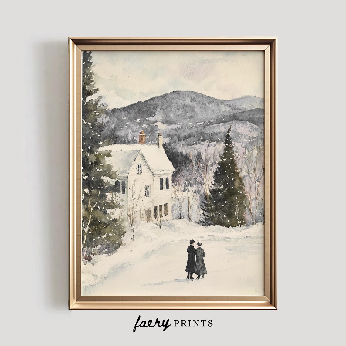 Snowy Cottage Landscape Art Print, Winter Scene