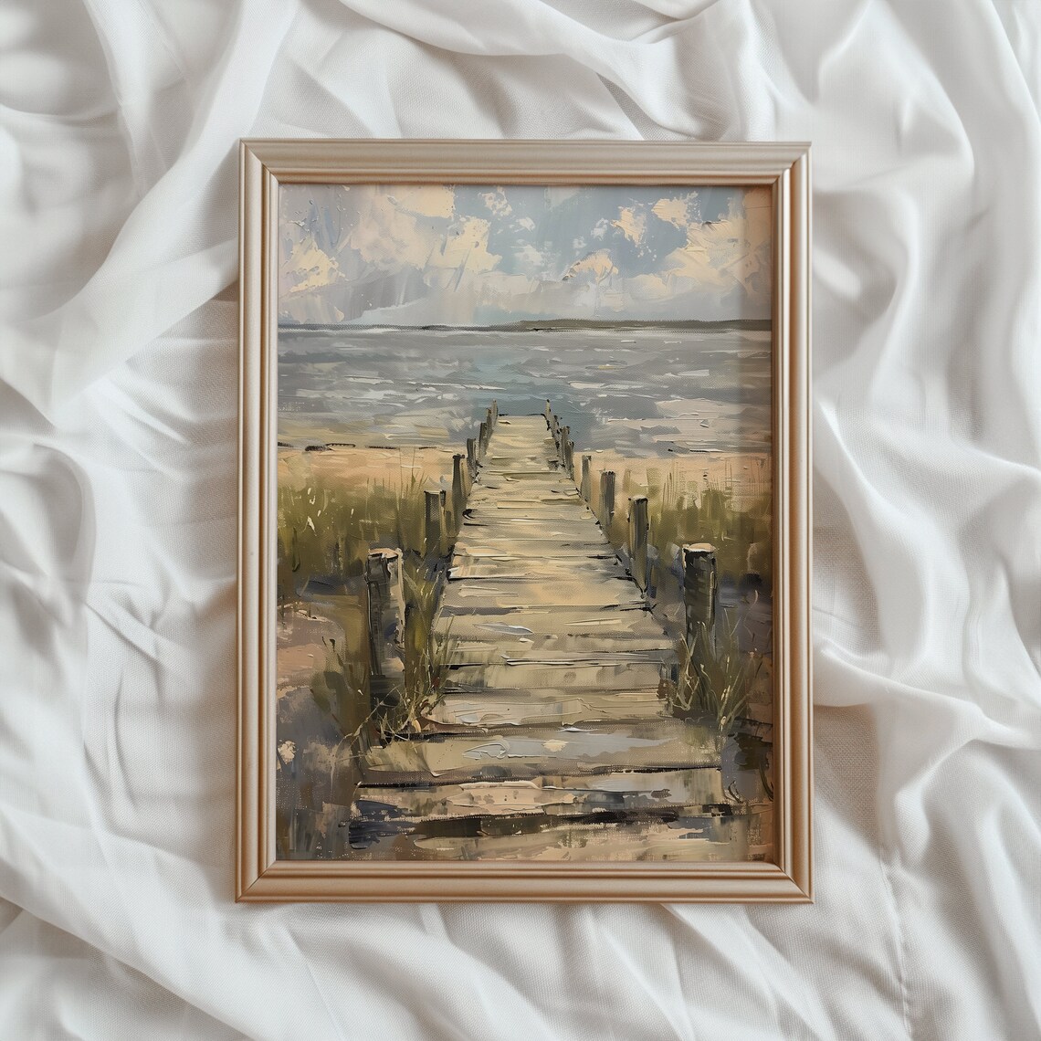 Summer Lake Dock Vintage Art Print, Rustic Cottage