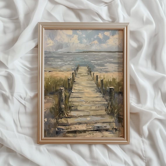 Summer Lake Dock Vintage Art Print, Rustic Cottage