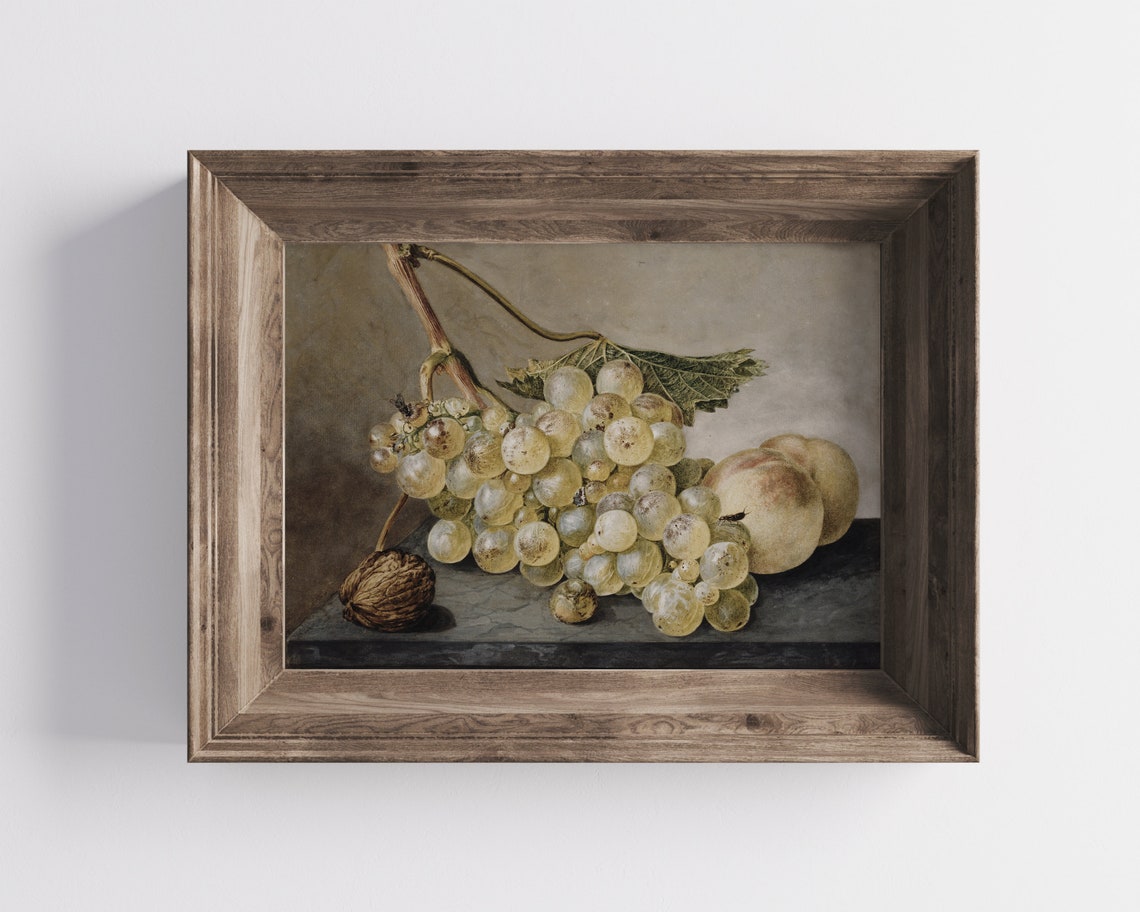 White Grapes Peaches Dutch Style Still Life Oil Painting Poster - Image 4