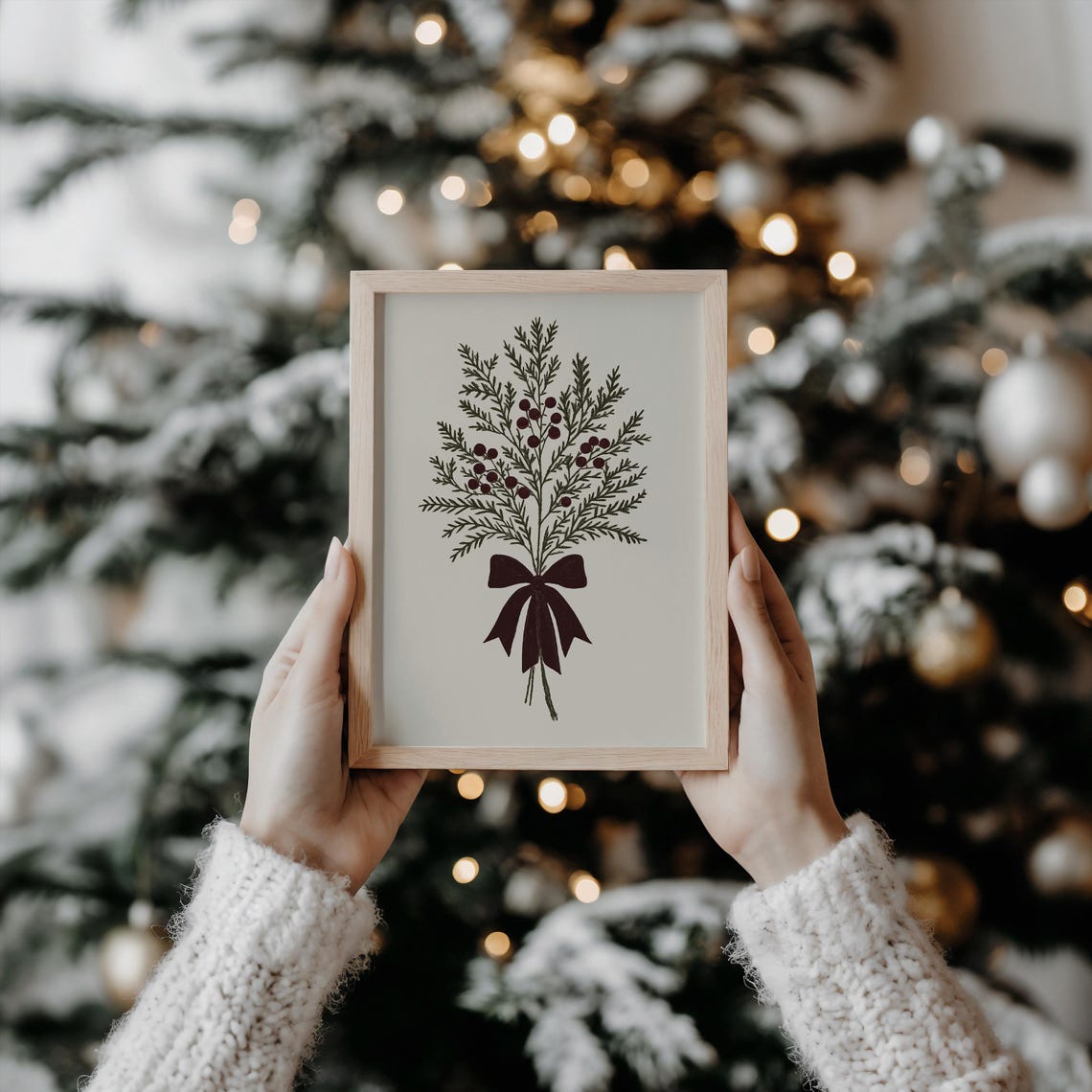 Evergreen Branches With Red Berries Tied With Burgundy Bow Poster - Image 2