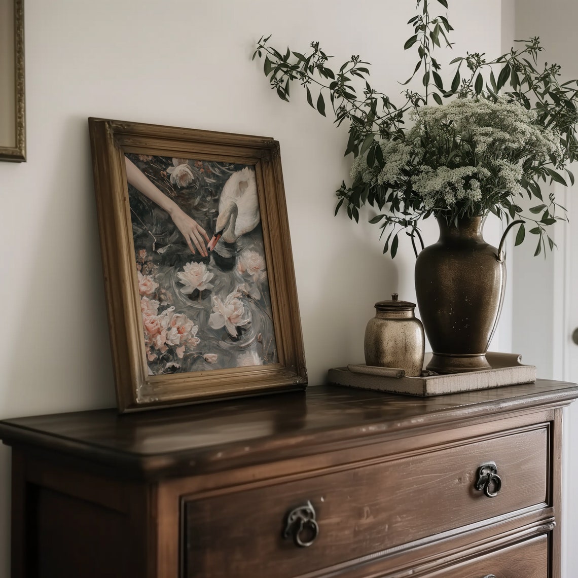 Swan Dark Water Hand Reaching Roses Moody Romantic Painting Poster - Image 5