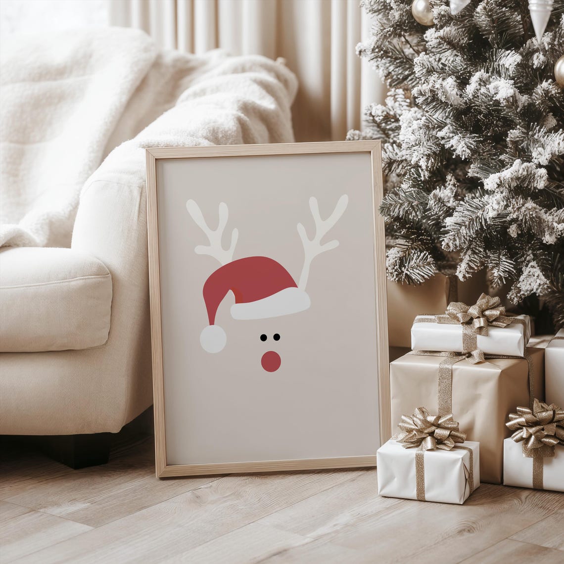 Cute Reindeer Face Santa Hat Minimalist Christmas Kids Room Poster - Image 4