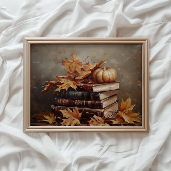 Vintage Books Stack Pumpkin Autumn Leaves Fall Still Life Poster