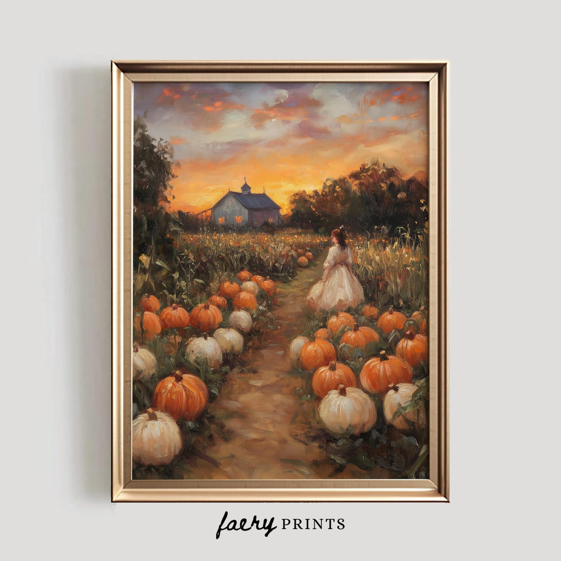 Girl in White Dress Walking Pumpkin Patch at Sunset Farm Poster - Image 5