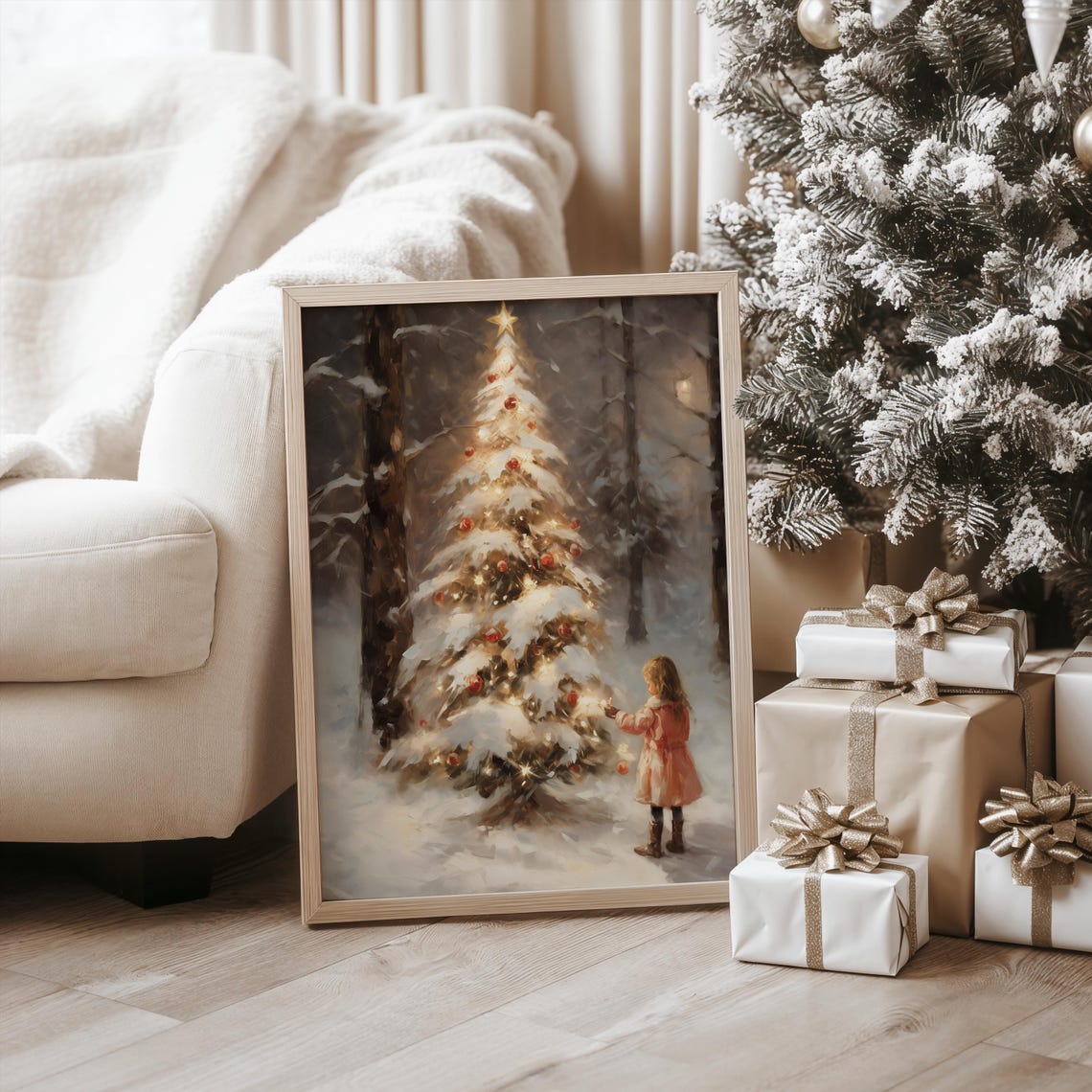 Snowy Christmas Tree Little Girl Vintage Style Holiday Poster - Image 3