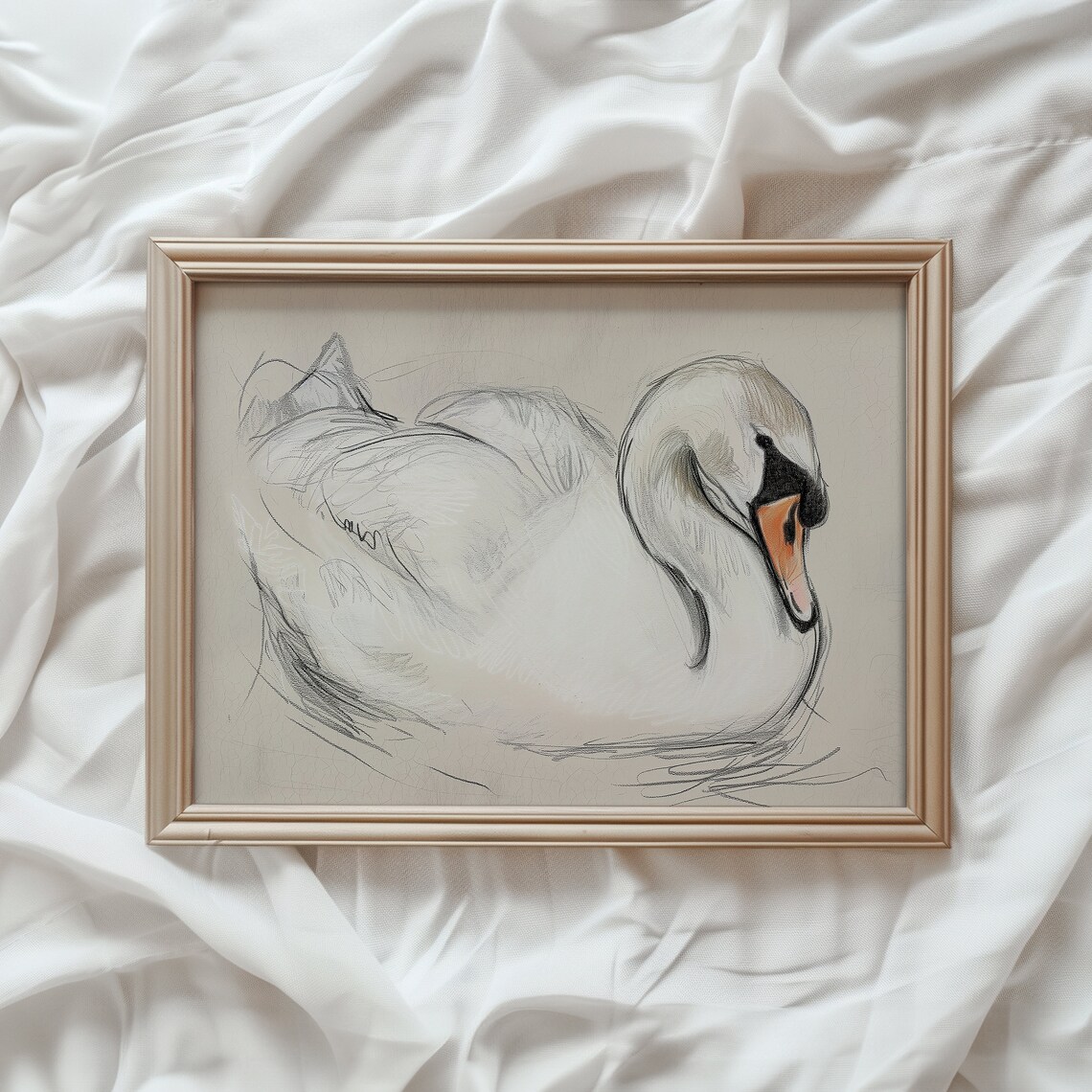 White Swan Illustration Print, Vintage Farmhouse Decor