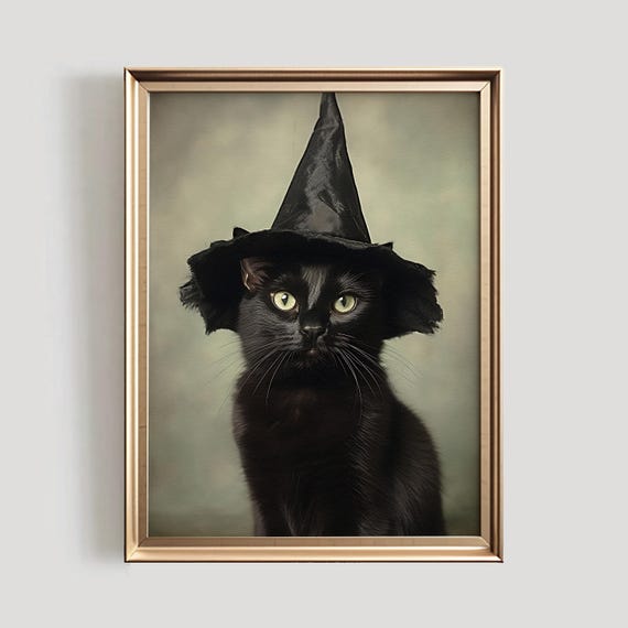 Black Cat Halloween Vintage Style Autumn Art Print
