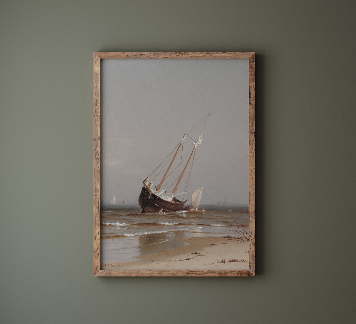 Beached Sailing Ship Shore Muted Seascape Oil Painting Poster - Image 2