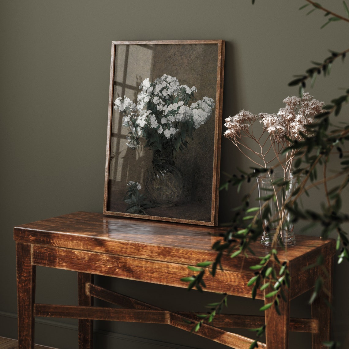 White Wildflowers in Dark Vase Moody Floral Still Life Poster - Image 4