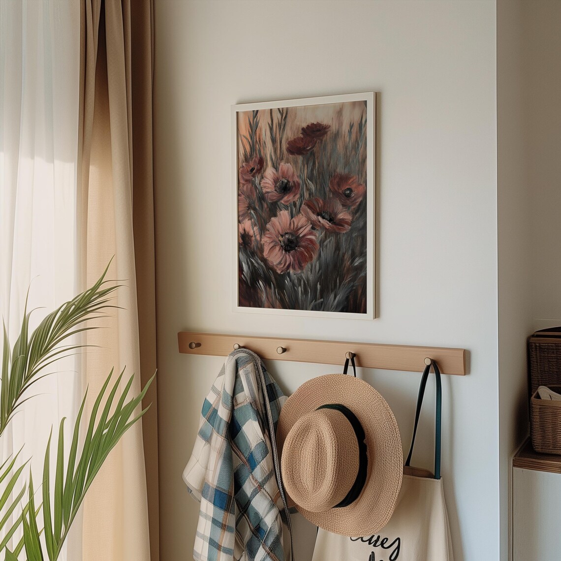 Moody Flowers Print, Vintage Burgundy Floral Art