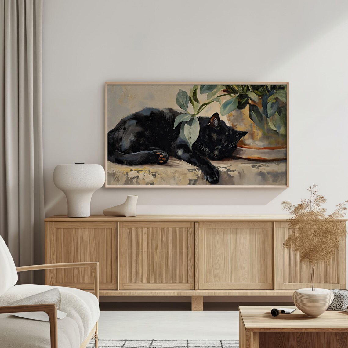 Sleeping Black Cat Under Plant, Art Print