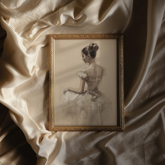 Girl In Dress Sketch Vintage Art Print, Light Academia
