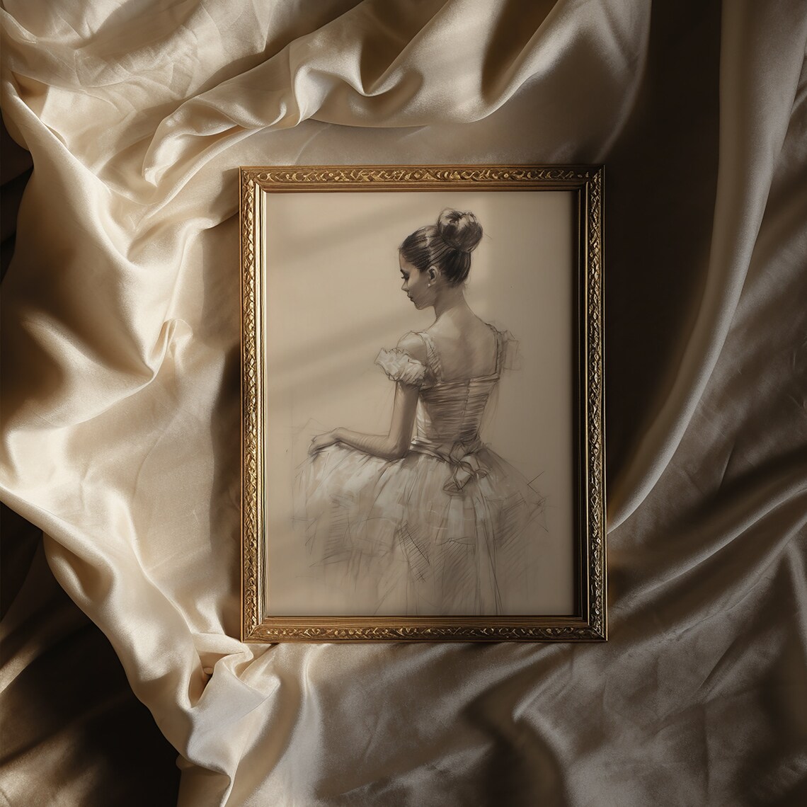 Girl In Dress Sketch Vintage Art Print, Light Academia