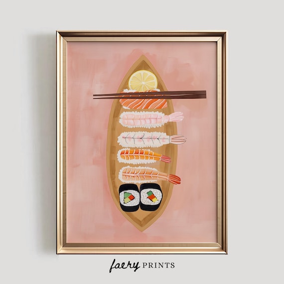 Sushi Boat with Nigiri and Chopsticks Pink Japanese Food Art Poster