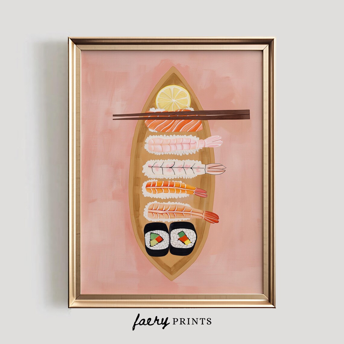 Sushi Boat with Nigiri and Chopsticks Pink Japanese Food Art Poster