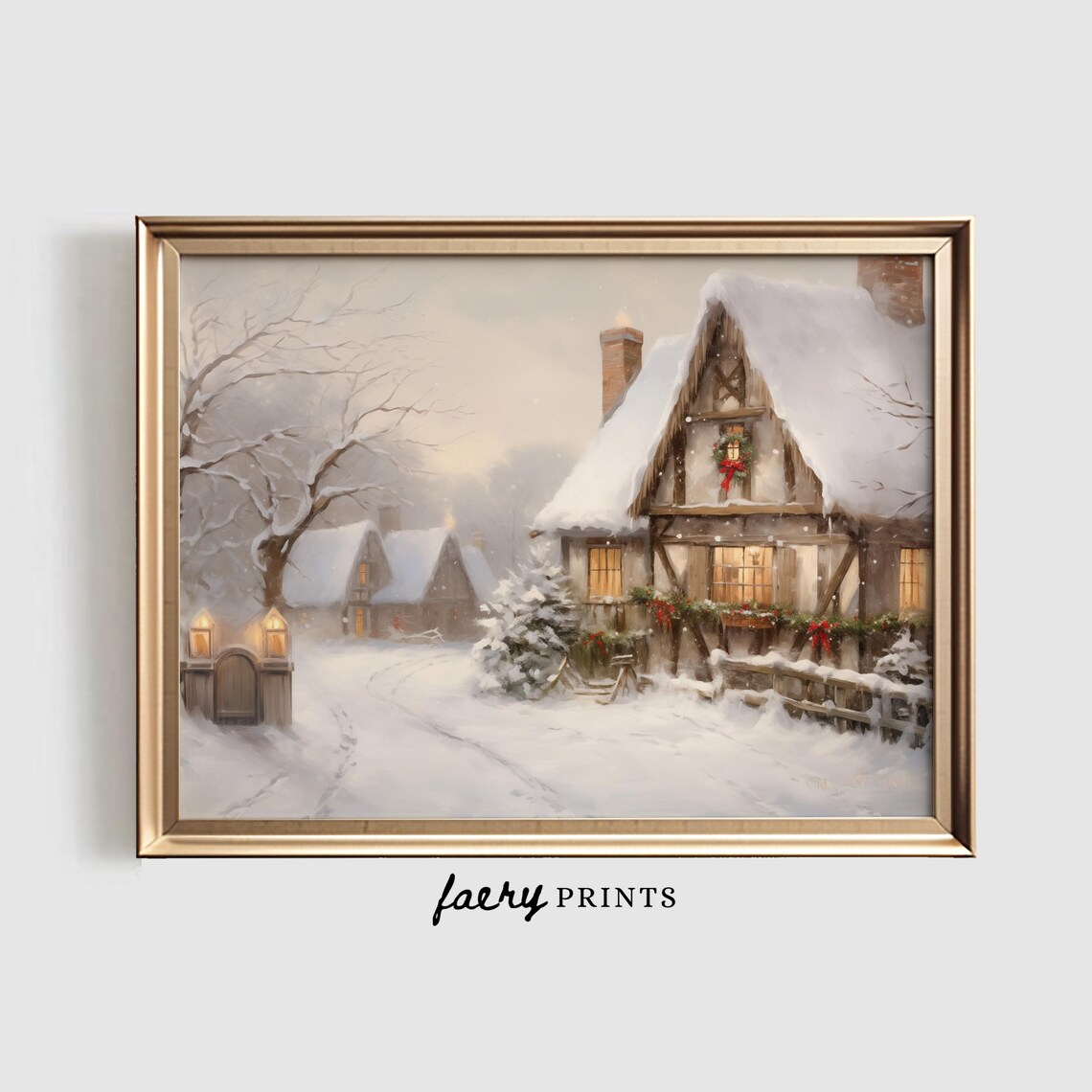 Winter Cottage Vintage Holiday Village Art Print