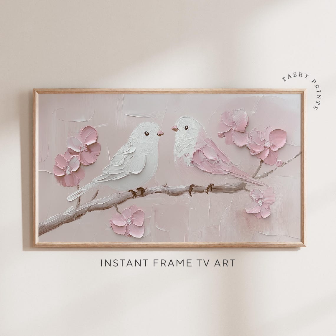 Blush Pink Lovebirds on Branch Textured Floral Painting Wall Art
