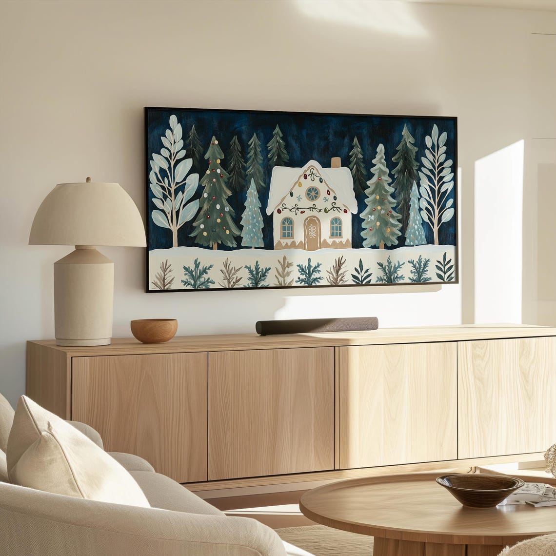 Whimsical Snowy Christmas Cottage Among Pines Frame TV Art Poster