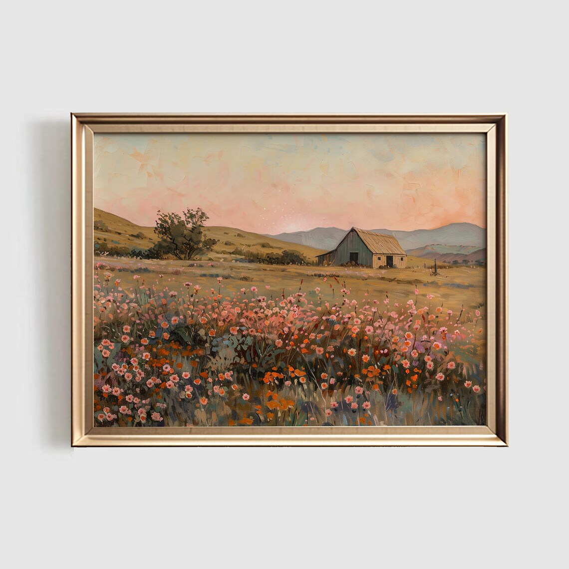 Fall Landscape Art Print, Pink Farmhouse Decor